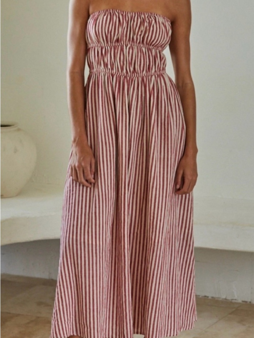 Strapless Red Stripe Maxi Dress